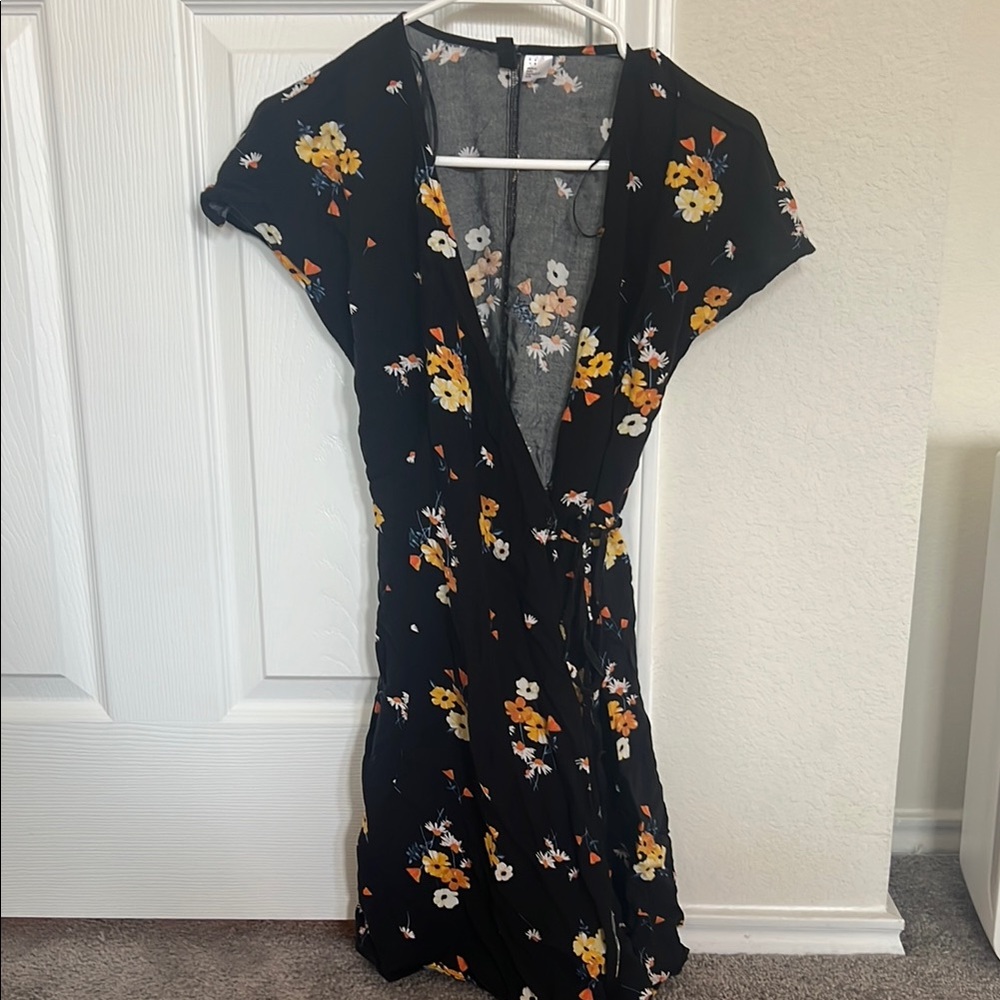 H&M Black Midi Dress with Yellow and White Floral Pattern